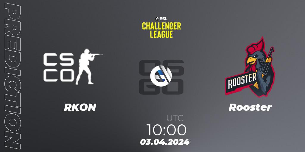 Prognose für das Spiel RKON VS Rooster. 03.04.2024 at 10:00. Counter-Strike (CS2) - ESL Challenger League Season 47: Oceania