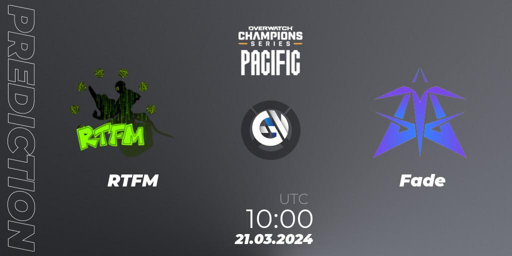 Prognose für das Spiel RTFM VS Fade. 21.03.2024 at 10:00. Overwatch - Overwatch Champions Series 2024 - Stage 1 Pacific