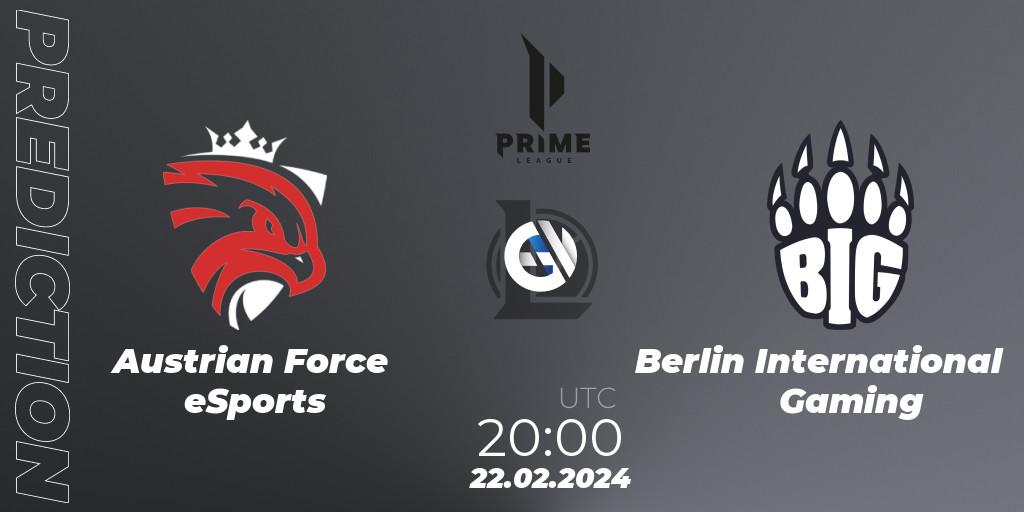 Prognose für das Spiel Austrian Force eSports VS Berlin International Gaming. 24.01.2024 at 18:00. LoL - Prime League Spring 2024 - Group Stage