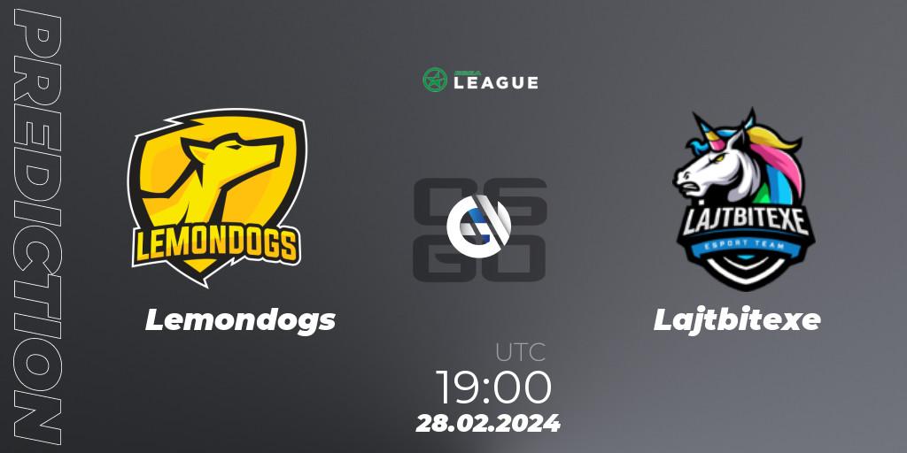 Prognose für das Spiel Lemondogs VS Lajtbitexe. 28.02.2024 at 19:00. Counter-Strike (CS2) - ESEA Season 48: Advanced Division - Europe