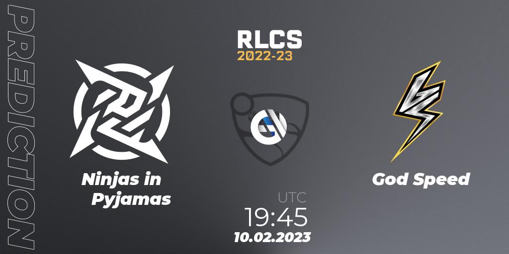 Prognose für das Spiel Ninjas in Pyjamas VS God Speed. 10.02.2023 at 19:45. Rocket League - RLCS 2022-23 - Winter: South America Regional 2 - Winter Cup