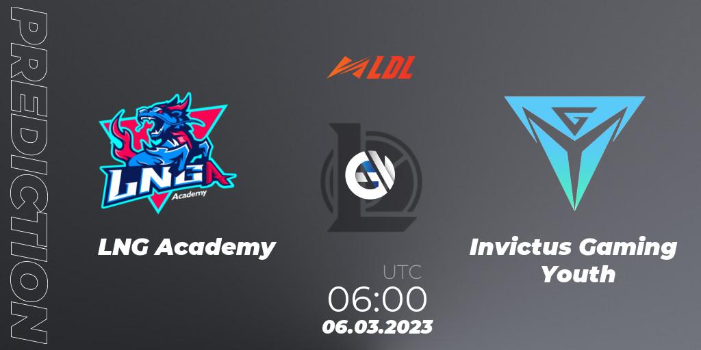 Prognose für das Spiel LNG Academy VS Invictus Gaming Youth. 06.03.2023 at 06:00. LoL - LDL 2023 - Regular Season