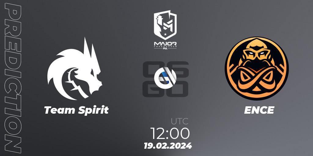 Prognose für das Spiel Team Spirit VS ENCE. 19.02.2024 at 11:50. Counter-Strike (CS2) - PGL CS2 Major Copenhagen 2024: European RMR B