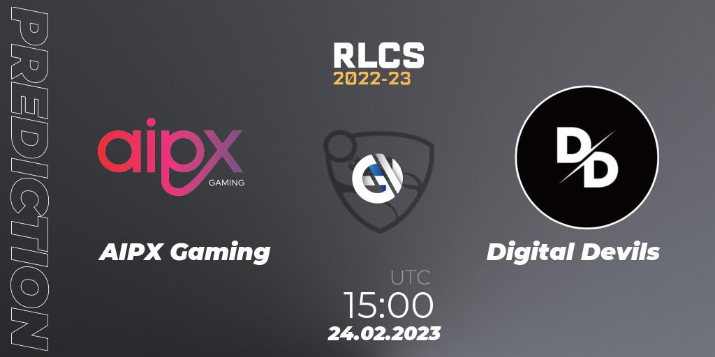 Prognose für das Spiel AIPX Gaming VS Digital Devils. 24.02.2023 at 15:00. Rocket League - RLCS 2022-23 - Winter: Sub-Saharan Africa Regional 3 - Winter Invitational