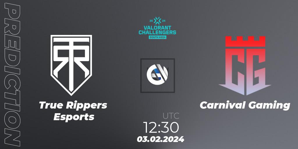 Prognose für das Spiel True Rippers Esports VS Carnival Gaming. 03.02.2024 at 13:00. VALORANT - VALORANT Challengers 2024: South Asia Split 1 - Cup 1