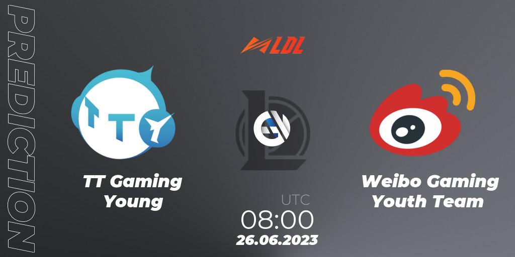 Prognose für das Spiel TT Gaming Young VS Weibo Gaming Youth Team. 26.06.2023 at 08:55. LoL - LDL 2023 - Regular Season - Stage 3