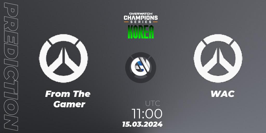 Prognose für das Spiel From The Gamer VS WAC. 15.03.2024 at 11:00. Overwatch - Overwatch Champions Series 2024 - Stage 1 Korea