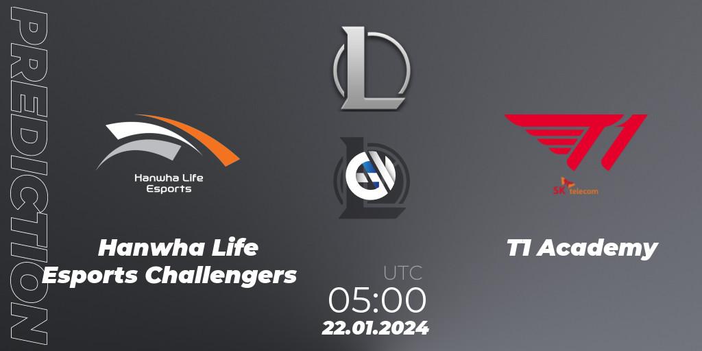 Prognose für das Spiel Hanwha Life Esports Challengers VS T1 Academy. 22.01.2024 at 05:00. LoL - LCK Challengers League 2024 Spring - Group Stage