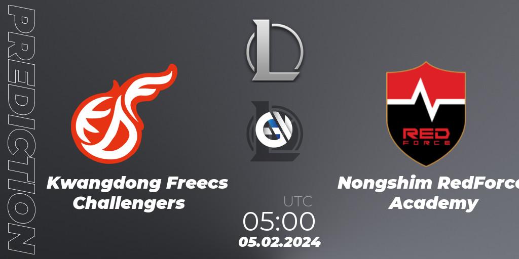 Prognose für das Spiel Kwangdong Freecs Challengers VS Nongshim RedForce Academy. 05.02.2024 at 05:00. LoL - LCK Challengers League 2024 Spring - Group Stage