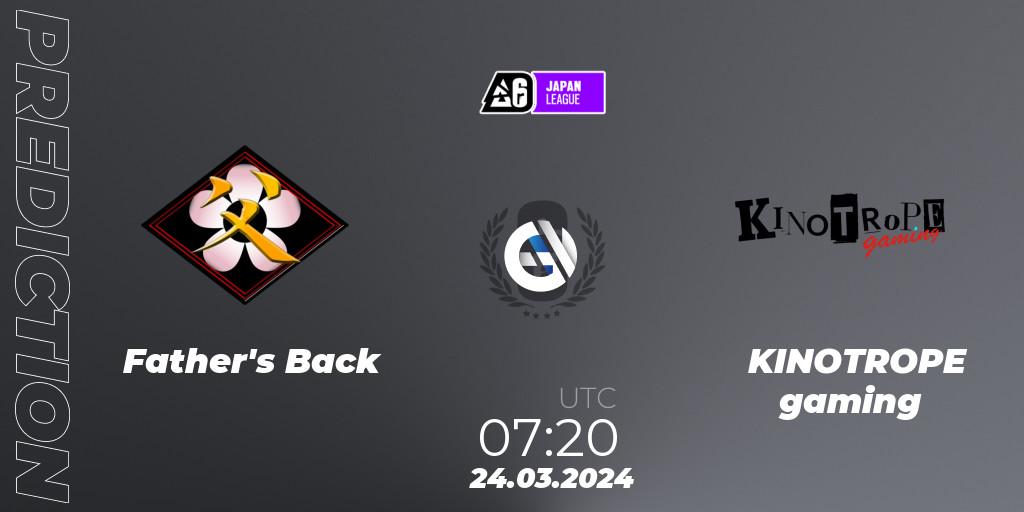 Prognose für das Spiel Father's Back VS KINOTROPE gaming. 24.03.2024 at 09:00. Rainbow Six - Japan League 2024 - Stage 1