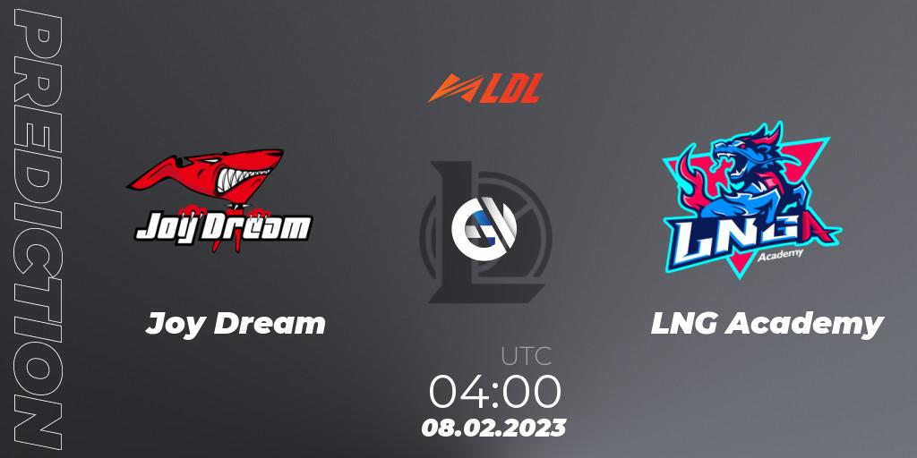 Prognose für das Spiel Joy Dream VS LNG Academy. 08.02.2023 at 04:00. LoL - LDL 2023 - Swiss Stage