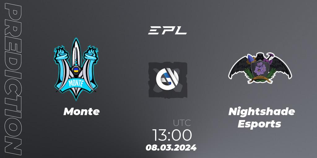 Prognose für das Spiel Monte VS Nightshade Esports. 08.03.2024 at 13:03. Dota 2 - European Pro League Season 17: Division 2