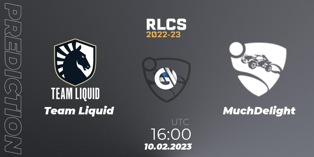 Prognose für das Spiel Team Liquid VS MuchDelight. 10.02.2023 at 16:00. Rocket League - RLCS 2022-23 - Winter: Europe Regional 2 - Winter Cup