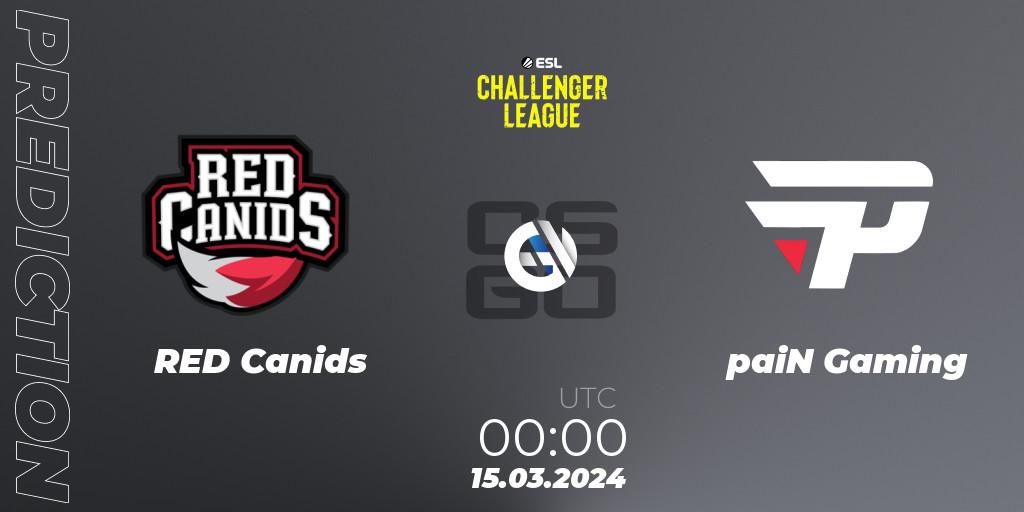 Prognose für das Spiel RED Canids VS paiN Gaming. 09.05.2024 at 00:00. Counter-Strike (CS2) - ESL Challenger League Season 47: South America