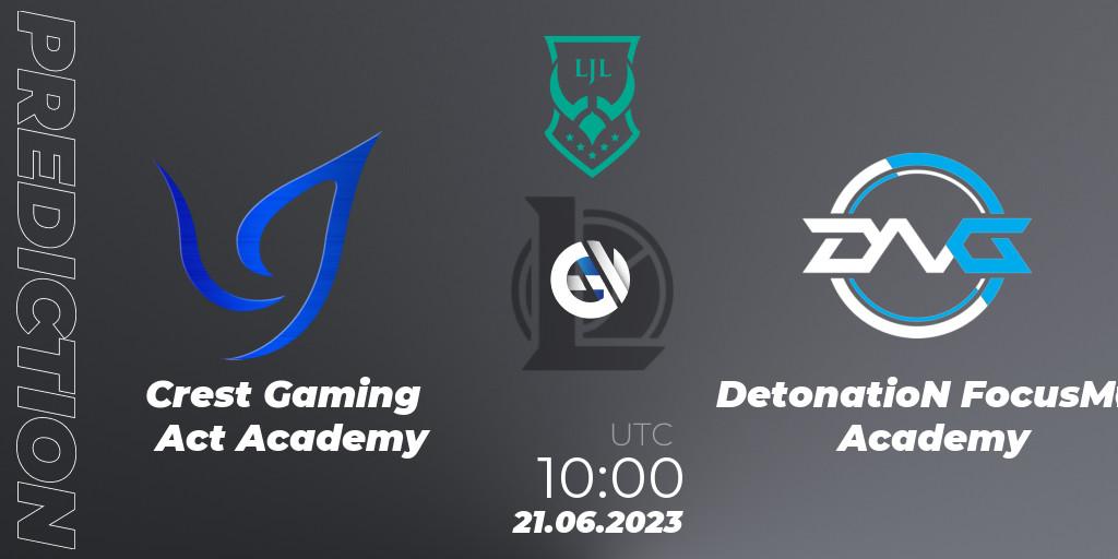 Prognose für das Spiel Crest Gaming Act Academy VS DetonatioN FocusMe Academy. 21.06.2023 at 10:15. LoL - LJL Academy 2023 - Group Stage