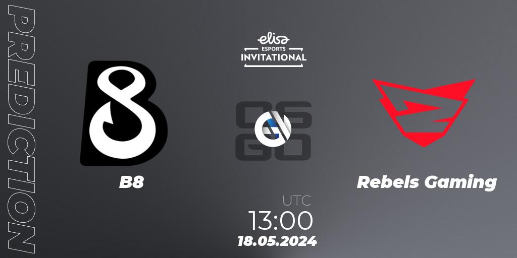 Prognose für das Spiel B8 VS Rebels Gaming. 18.05.2024 at 10:00. Counter-Strike (CS2) - Elisa Invitational Spring 2024