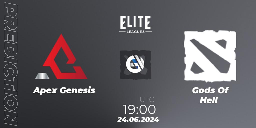 Prognose für das Spiel Apex Genesis VS Gods Of Hell. 24.06.2024 at 19:00. Dota 2 - Elite League Season 2: North America Closed Qualifier