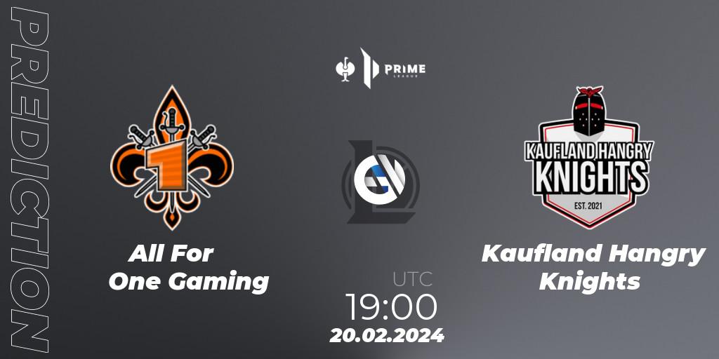 Prognose für das Spiel All For One Gaming VS Kaufland Hangry Knights. 20.02.2024 at 19:00. LoL - Prime League 2nd Division