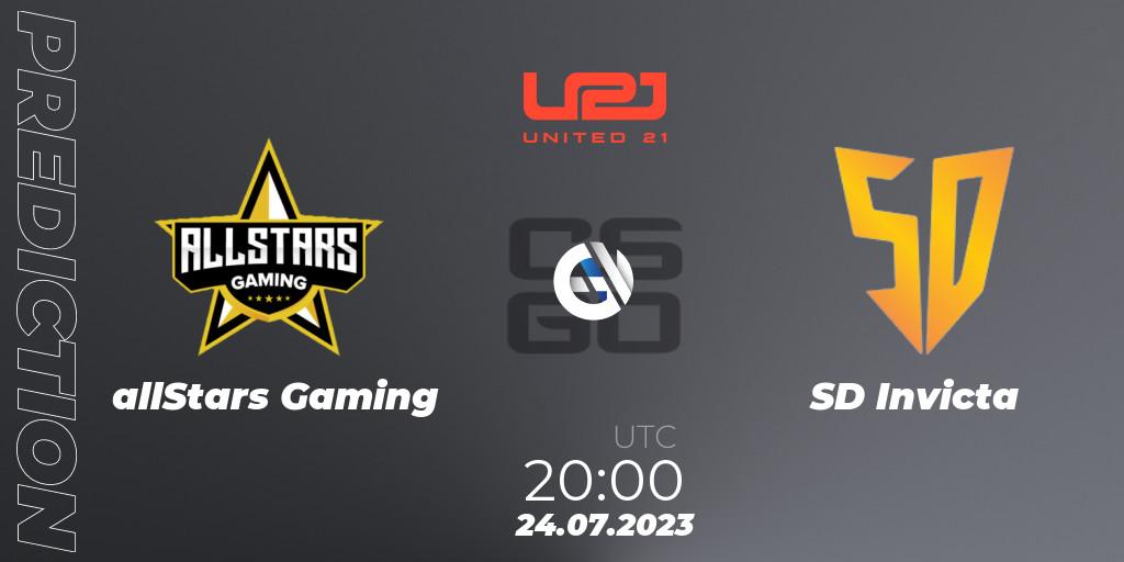 Prognose für das Spiel allStars Gaming VS SD Invicta. 24.07.2023 at 20:00. Counter-Strike (CS2) - United21 Season 4