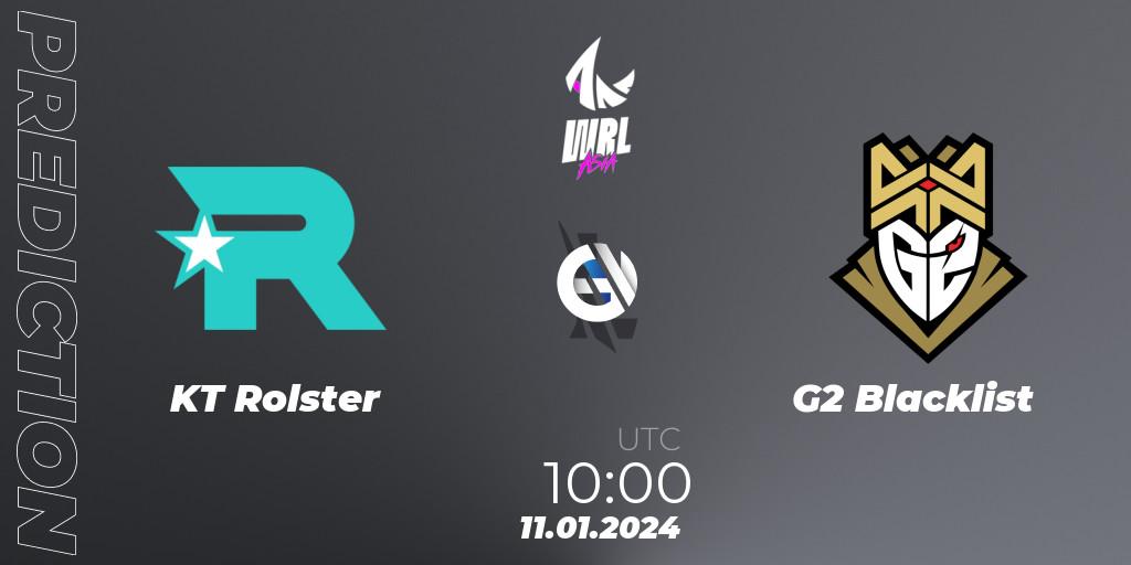 Prognose für das Spiel KT Rolster VS G2 Blacklist. 11.01.2024 at 10:00. Wild Rift - WRL Asia 2023 - Season 2: Asia-Pacific Conference