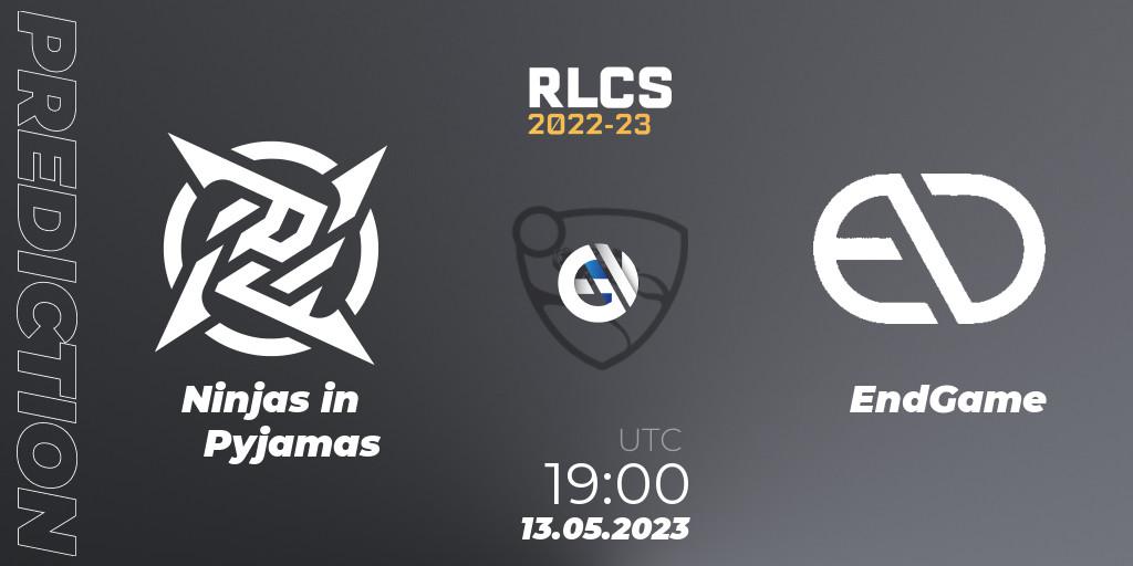 Prognose für das Spiel Ninjas in Pyjamas VS EndGame. 13.05.2023 at 19:45. Rocket League - RLCS 2022-23 - Spring: South America Regional 1 - Spring Open