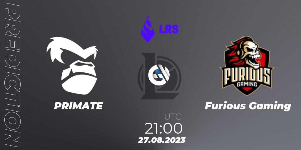 Prognose für das Spiel PRIMATE VS Furious Gaming. 27.08.23. LoL - Liga Regional Sur 2023