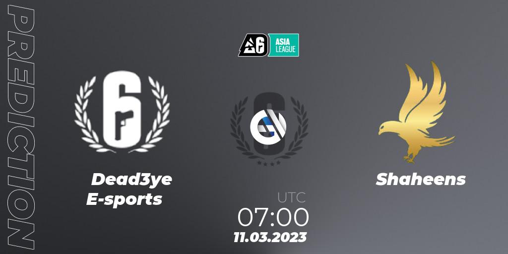 Prognose für das Spiel Dead3ye E-sports VS Shaheens. 11.03.2023 at 08:00. Rainbow Six - South Asia League 2023 - Stage 1