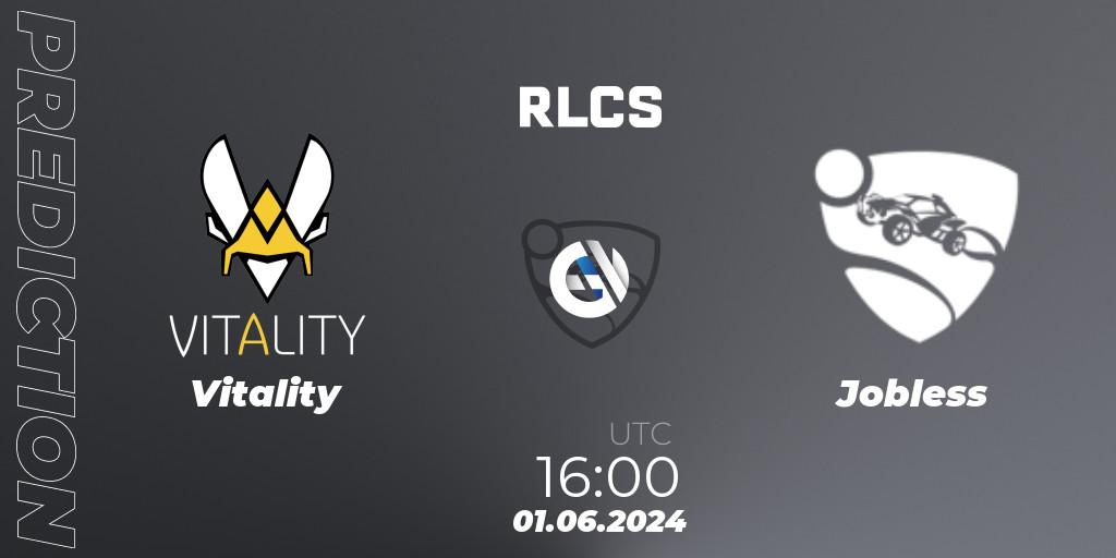Prognose für das Spiel Vitality VS Jobless. 01.06.2024 at 16:00. Rocket League - RLCS 2024 - Major 2: EU Open Qualifier 6