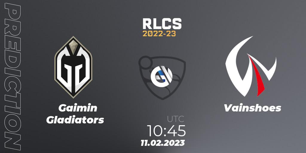 Prognose für das Spiel Gaimin Gladiators VS Vainshoes. 11.02.2023 at 10:45. Rocket League - RLCS 2022-23 - Winter: Asia-Pacific Regional 2 - Winter Cup