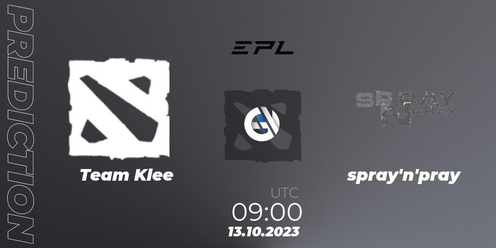 Prognose für das Spiel Team Klee VS spray'n'pray. 13.10.2023 at 09:00. Dota 2 - European Pro League Season 13