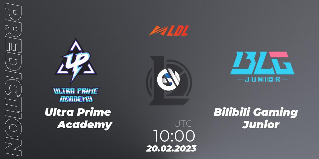 Prognose für das Spiel Ultra Prime Academy VS Bilibili Gaming Junior. 20.02.2023 at 12:00. LoL - LDL 2023 - Regular Season