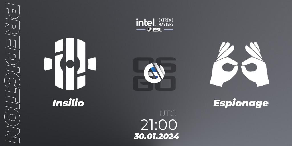 Prognose für das Spiel Insilio VS Espionage. 30.01.2024 at 21:00. Counter-Strike (CS2) - Intel Extreme Masters China 2024: European Open Qualifier #2