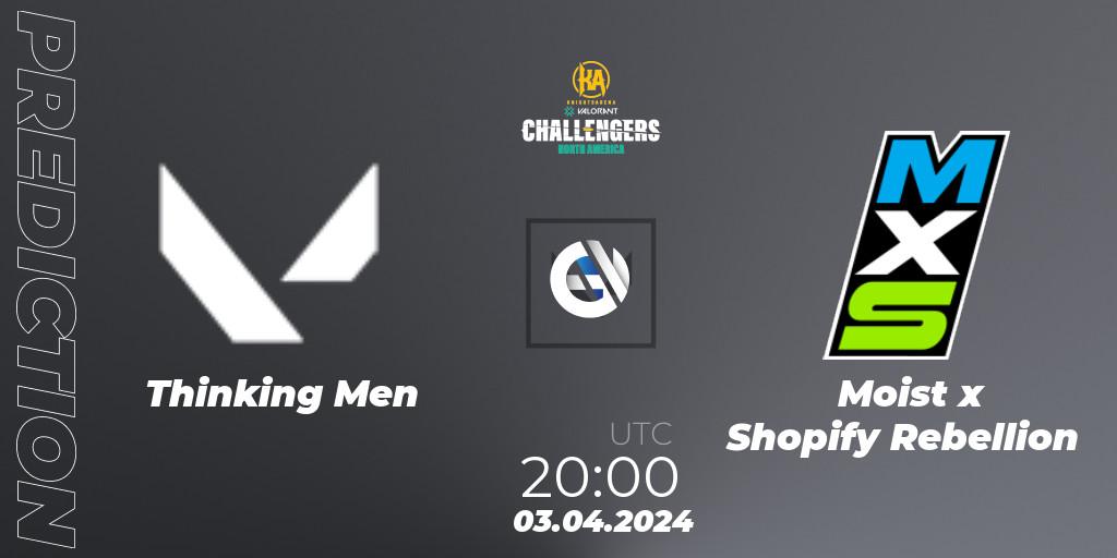 Prognose für das Spiel Thinking Men VS Moist x Shopify Rebellion. 03.04.2024 at 20:00. VALORANT - VALORANT Challengers 2024: North America Split 1