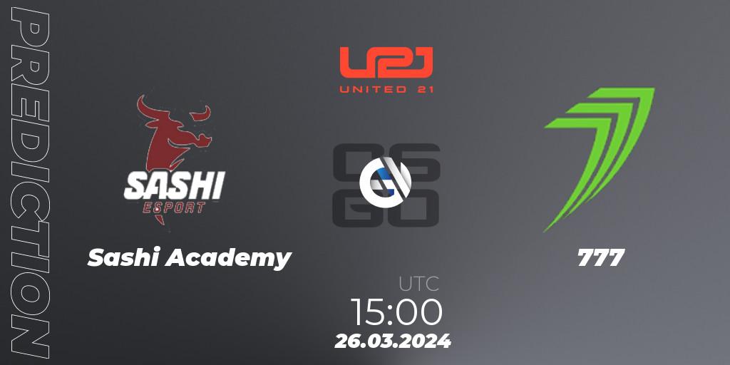 Prognose für das Spiel Sashi Academy VS 777. 26.03.2024 at 15:00. Counter-Strike (CS2) - United21 Season 12: Division 2