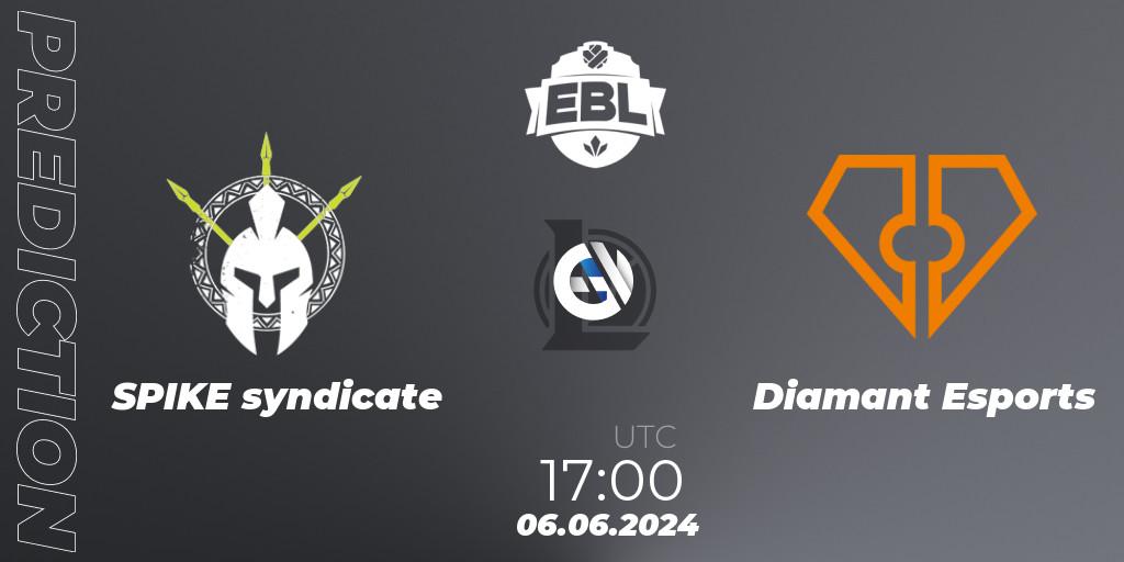 Prognose für das Spiel SPIKE syndicate VS Diamant Esports. 06.06.2024 at 17:00. LoL - Esports Balkan League Season 15