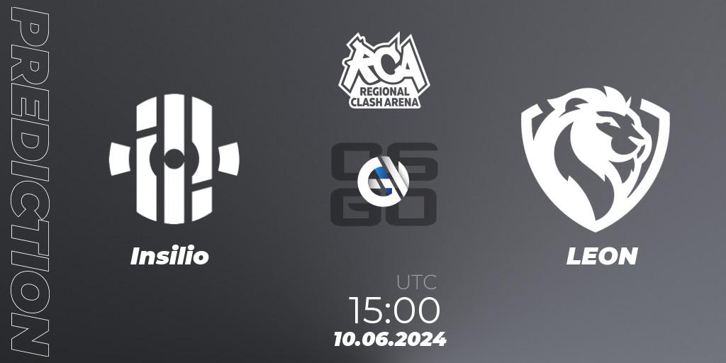 Prognose für das Spiel Insilio VS LEON. 10.06.2024 at 15:00. Counter-Strike (CS2) - Regional Clash Arena CIS