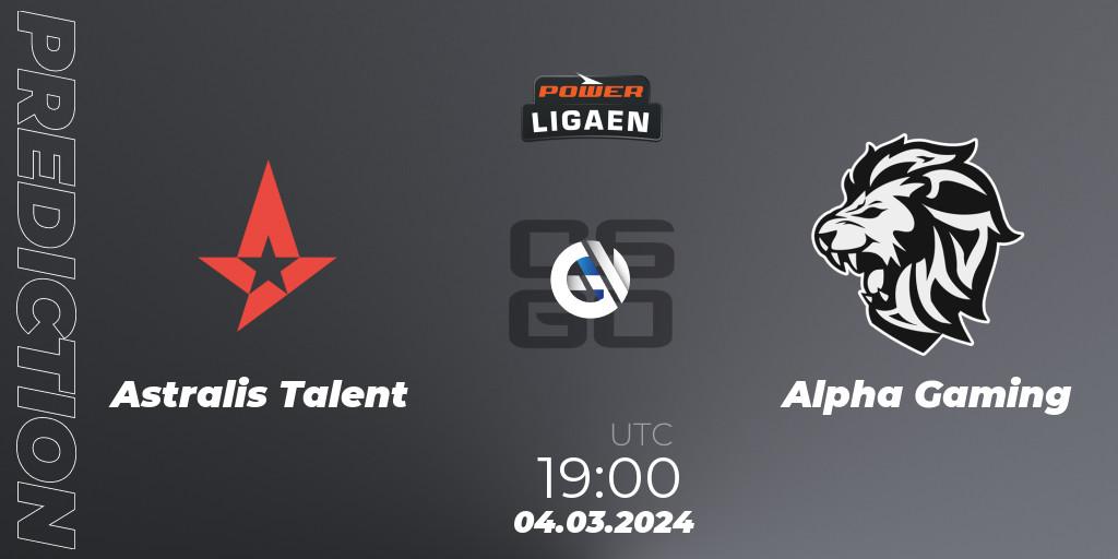 Prognose für das Spiel Astralis Talent VS Alpha Gaming. 06.03.2024 at 19:00. Counter-Strike (CS2) - Dust2.dk Ligaen Season 25