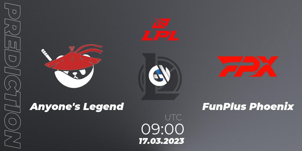 Prognose für das Spiel Anyone's Legend VS FunPlus Phoenix. 17.03.23. LoL - LPL Spring 2023 - Group Stage