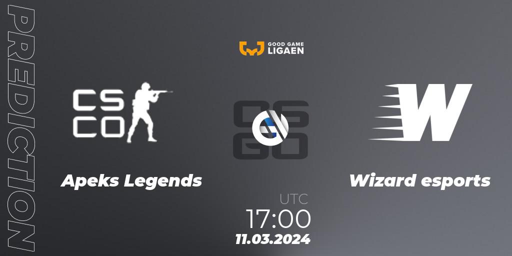 Prognose für das Spiel Apeks Legends VS Wizard esports. 11.03.24. CS2 (CS:GO) - Good Game-ligaen Spring 2024