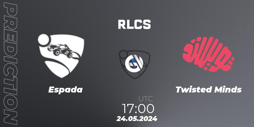 Prognose für das Spiel Espada VS Twisted Minds. 24.05.2024 at 17:00. Rocket League - RLCS 2024 - Major 2: MENA Open Qualifier 6