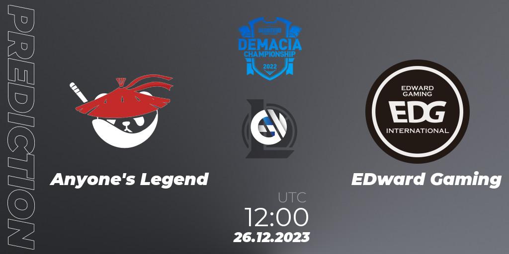 Prognose für das Spiel Anyone's Legend VS EDward Gaming. 26.12.23. LoL - Demacia Cup 2023 Group Stage
