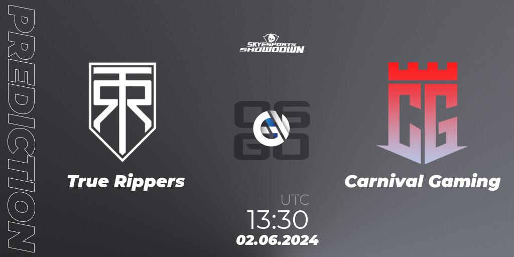 Prognose für das Spiel True Rippers VS Carnival Gaming. 02.06.2024 at 13:30. Counter-Strike (CS2) - Skyesports Showdown 2024