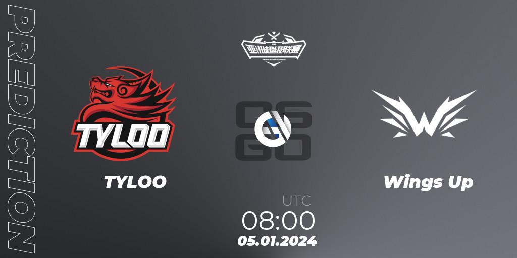 Prognose für das Spiel TYLOO VS Wings Up. 05.01.2024 at 08:00. Counter-Strike (CS2) - Asian Super League Season 1