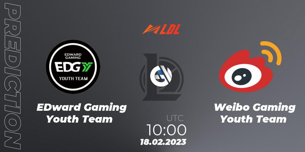 Prognose für das Spiel EDward Gaming Youth Team VS Weibo Gaming Youth Team. 18.02.2023 at 10:15. LoL - LDL 2023 - Regular Season