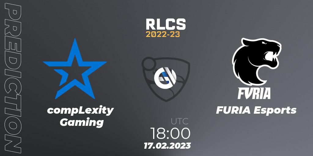Prognose für das Spiel compLexity Gaming VS FURIA Esports. 17.02.2023 at 18:00. Rocket League - RLCS 2022-23 - Winter: North America Regional 2 - Winter Cup
