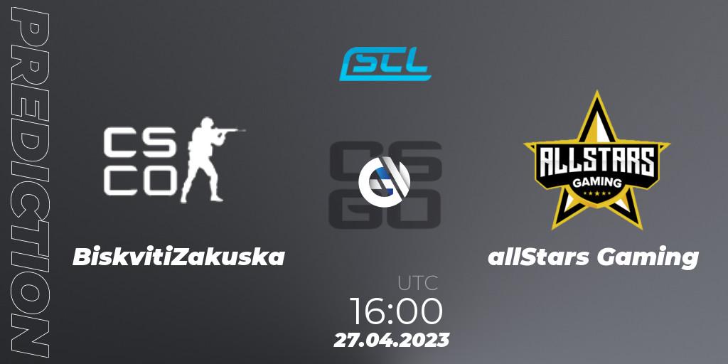 Prognose für das Spiel BiskvitiZakuska VS allStars Gaming. 27.04.2023 at 18:00. Counter-Strike (CS2) - SCL Season 9: Challenger Division