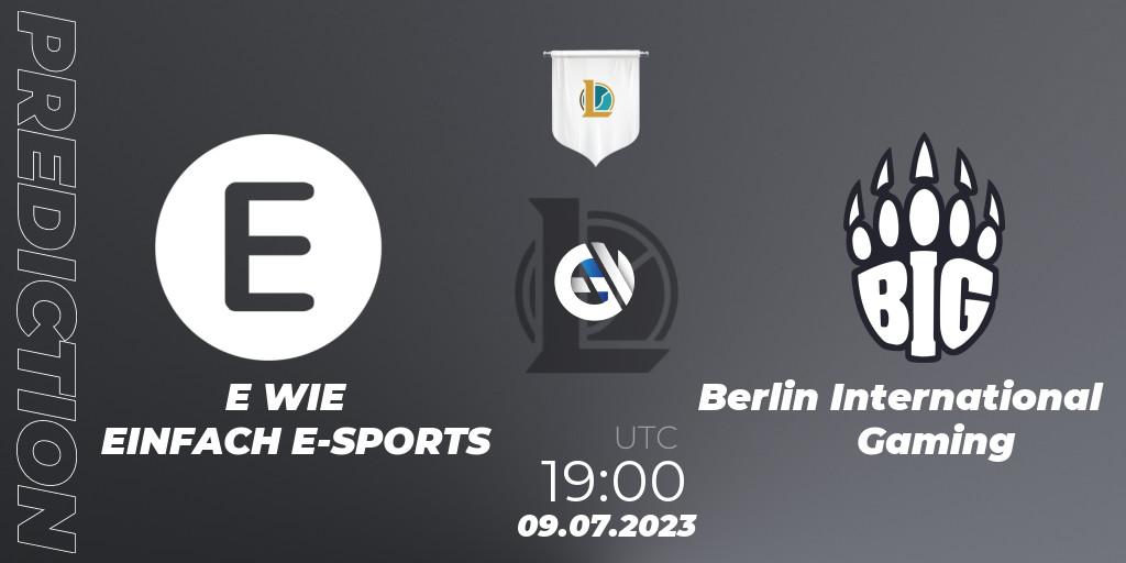Prognose für das Spiel E WIE EINFACH E-SPORTS VS Berlin International Gaming. 09.07.2023 at 19:00. LoL - Prime League Summer 2023 - Group Stage