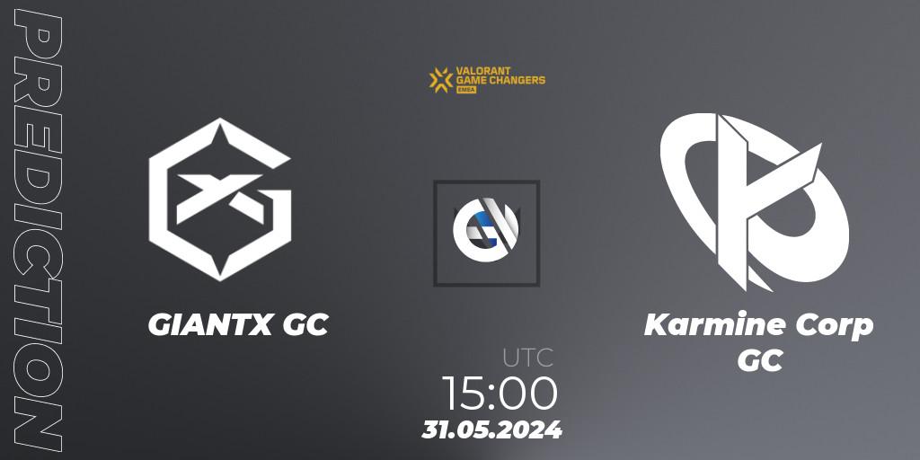 Prognose für das Spiel GIANTX GC VS Karmine Corp GC. 31.05.2024 at 15:00. VALORANT - VCT 2024: Game Changers EMEA Stage 2