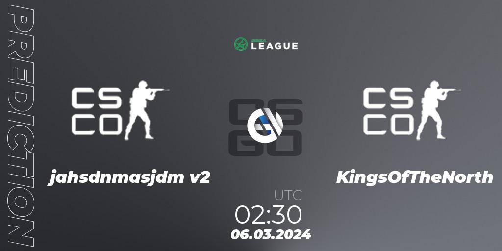 Prognose für das Spiel jahsdnmasjdm v2 VS KingsOfTheNorth. 06.03.2024 at 02:30. Counter-Strike (CS2) - ESEA Season 48: Advanced Division - North America