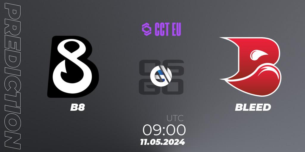 Prognose für das Spiel B8 VS BLEED. 11.05.2024 at 09:00. Counter-Strike (CS2) - CCT Season 2 Europe Series 2 